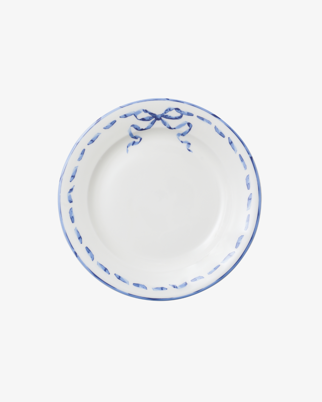 White plate with blue decorative rim on a white background