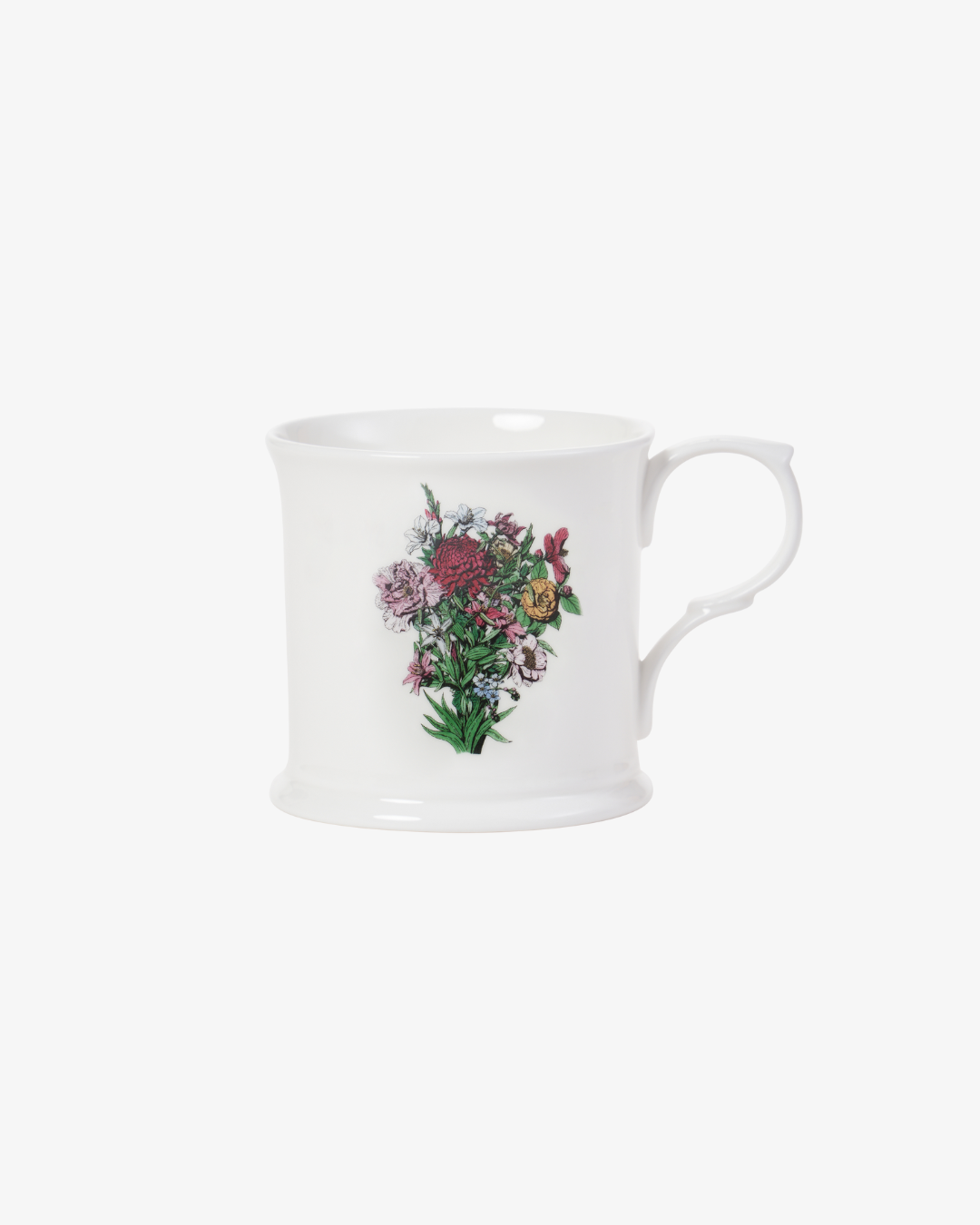 White mug with floral design on a white background