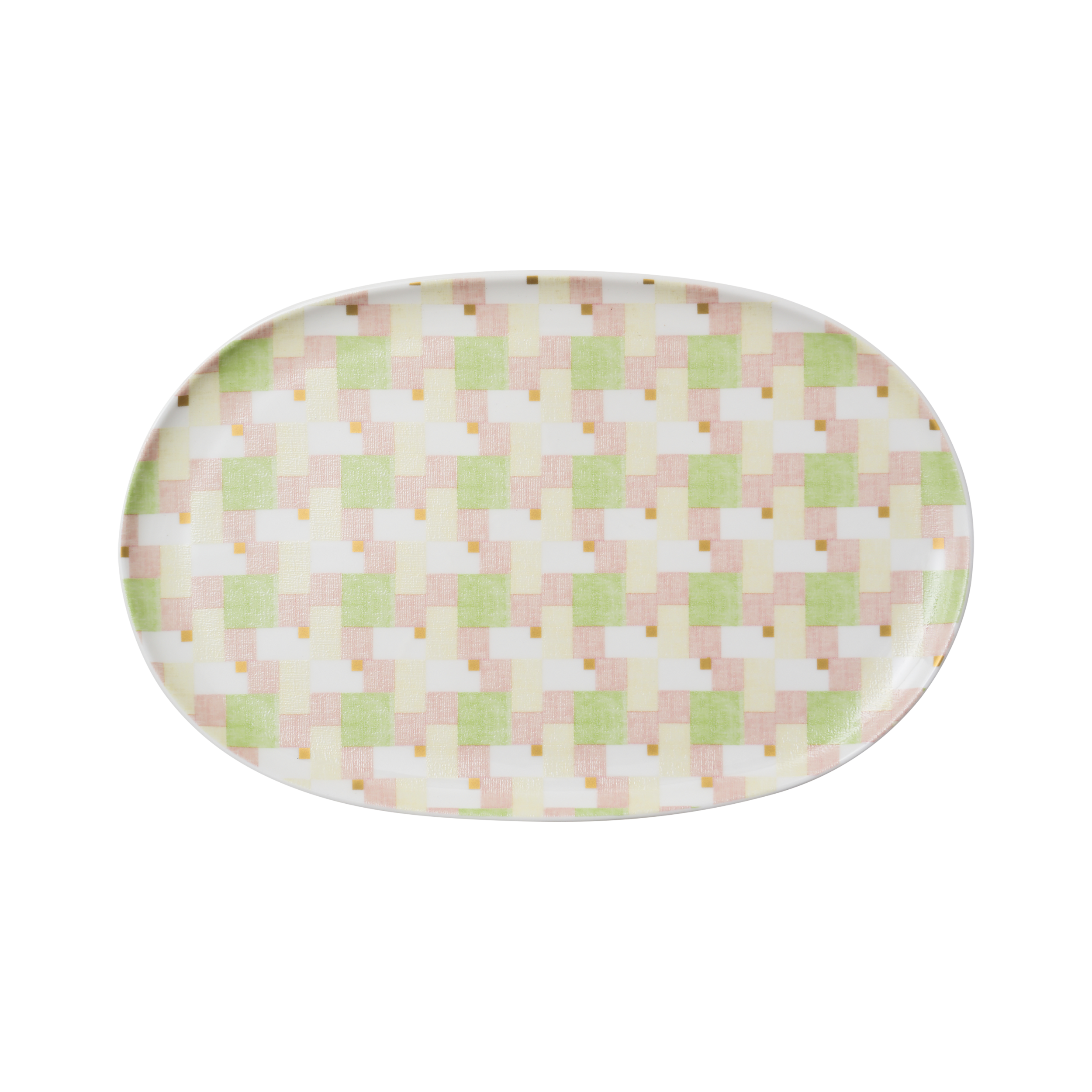 Oval-shaped plate with a pastel checkered pattern on a white background