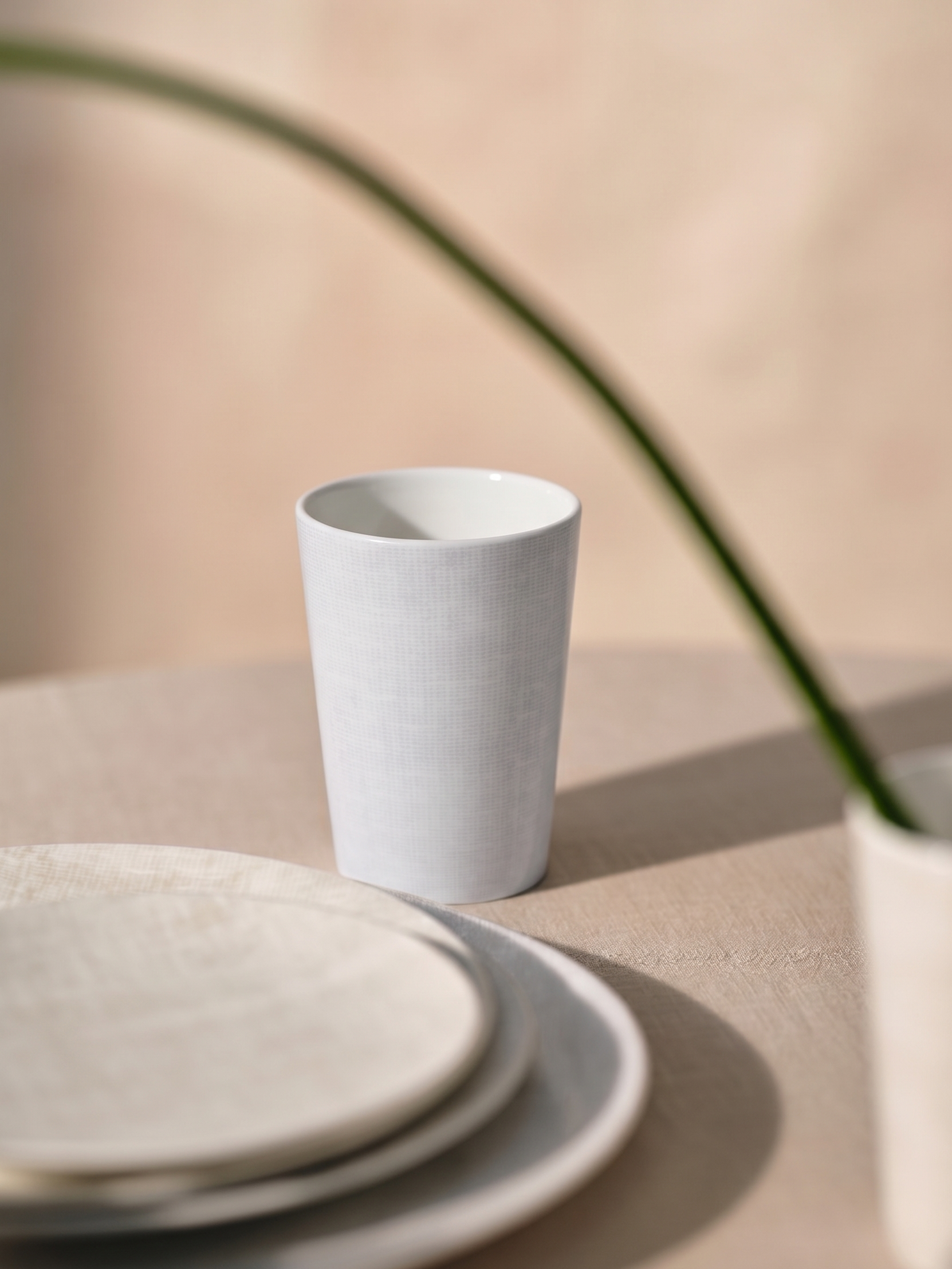 White ceramic cup and plates on a beige surface with a plant in the background